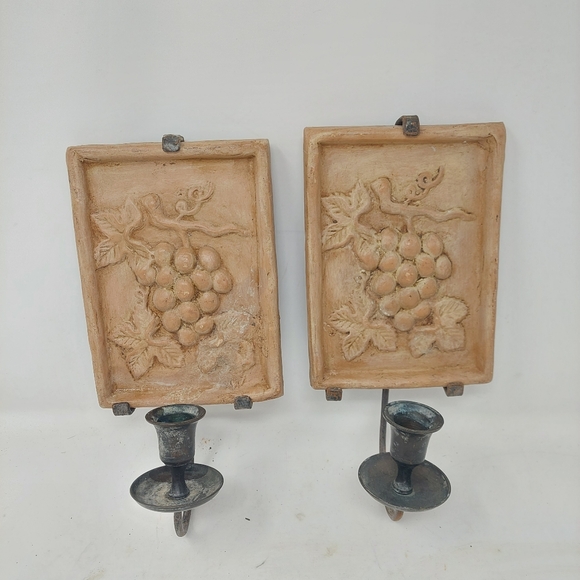 Tan Ceramic Tile Italian Grape Wine Wall Scones Candle Holder Set Of 2 Decor - Picture 1 of 8